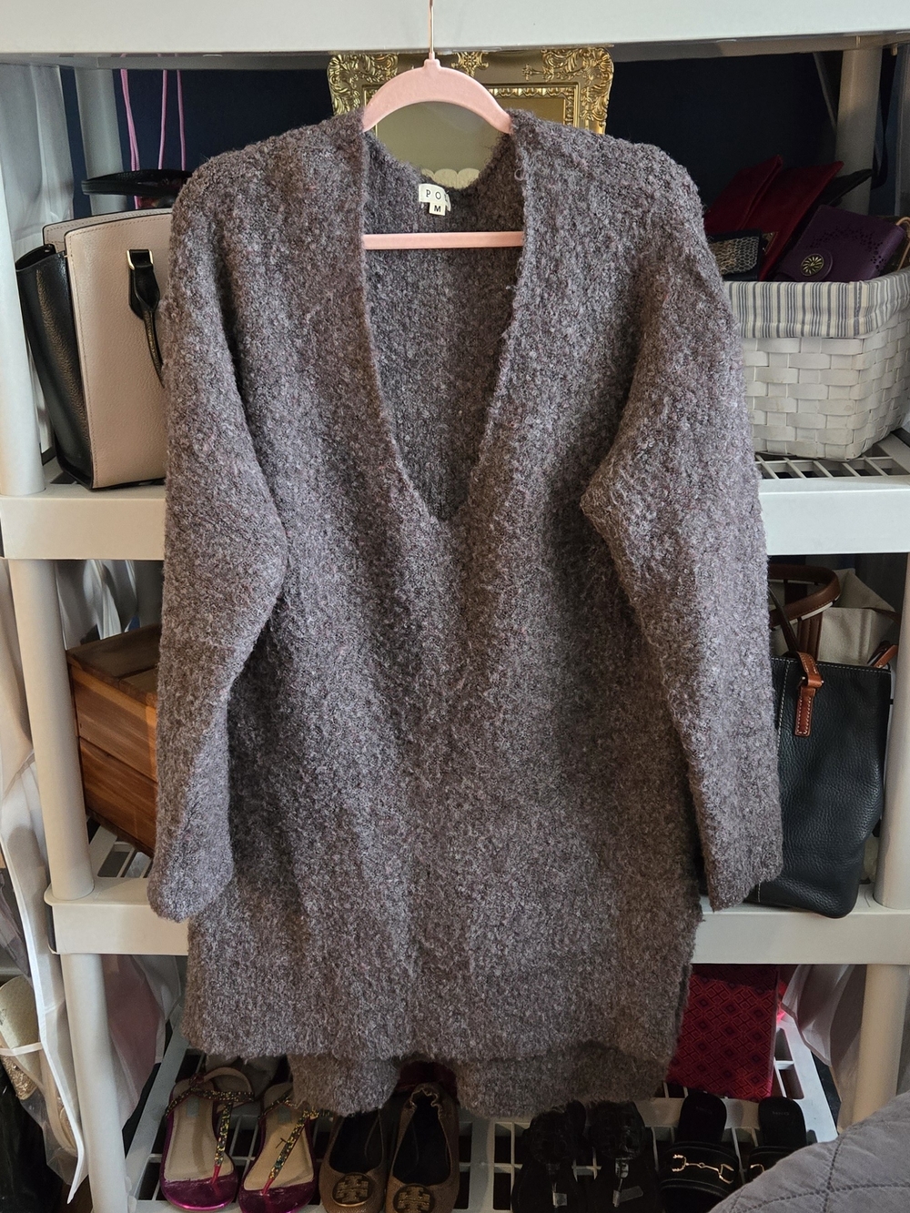 POL Brushed Deep V-Neck Sweater Tunic - Gray Brown